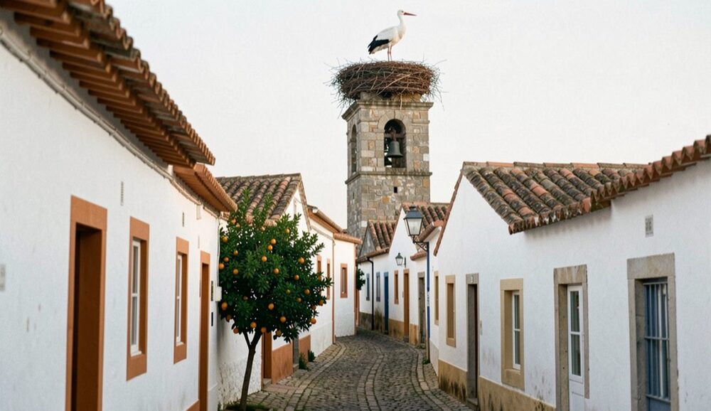 Rua empedrada de uma cidade velha do Algarve ao início da manhã, com casas caiadas e um ninho de cegonha no alto de uma torre